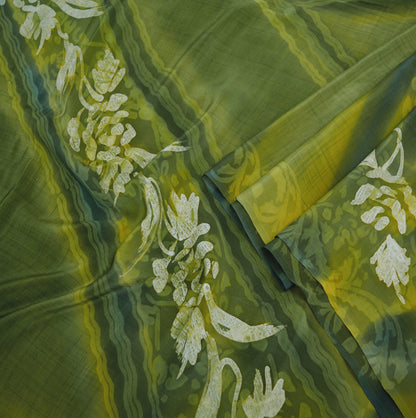 Indian Vintage Sari Green Pure Crepe Silk Printed Saree  5yard Sewing Floral Soft Craft Fabric Ethnic Wrap