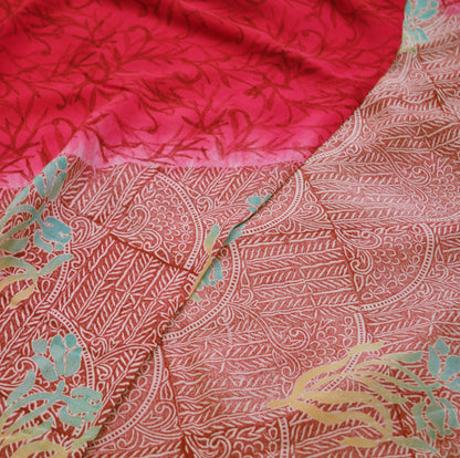 Indian Vintage Sari Cream & Pink Pure Crepe Silk Printed Saree 5yard Sewing Floral Soft Craft Fabric Wrap