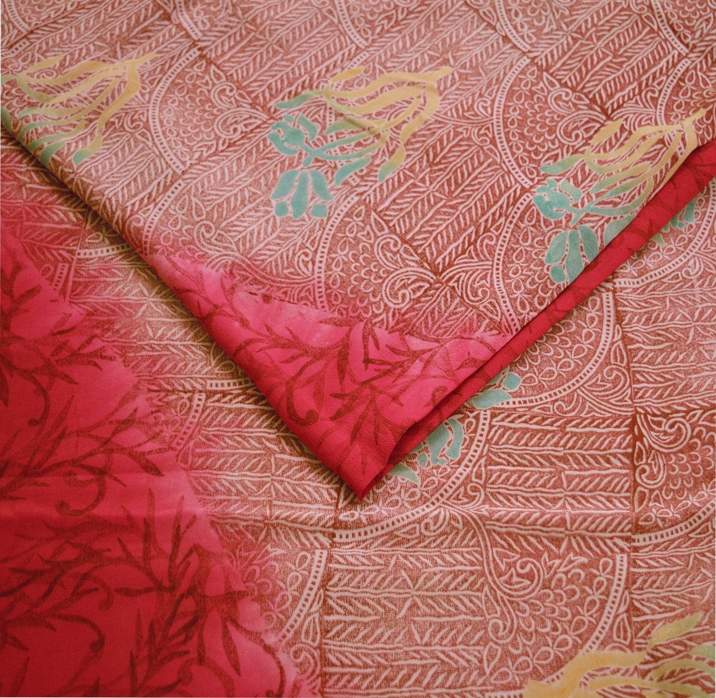 Indian Vintage Sari Cream & Pink Pure Crepe Silk Printed Saree 5yard Sewing Floral Soft Craft Fabric Wrap