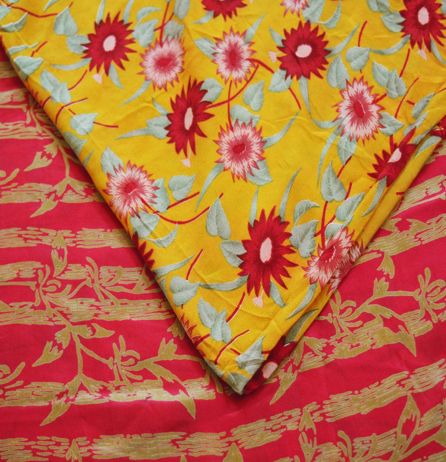 Indian Vintage Sari Mustard Pure Crepe Silk Printed Saree 5yard Sewing Floral Soft Craft Fabric Wrap