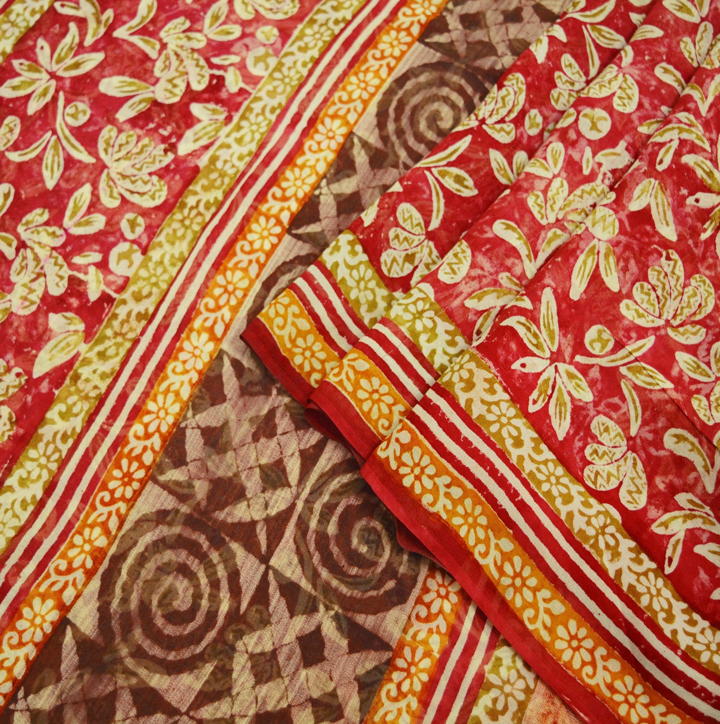 Women Vintage Sari Red 100% Pure Georgette Silk Block Printed Saree Craft Fabric Sewing 5Yard Soft Sari Dress Making