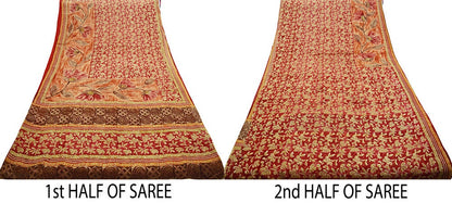 Women Vintage Sari Red 100% Pure Georgette Silk Block Printed Saree Craft Fabric Sewing 5Yard Soft Sari Dress Making