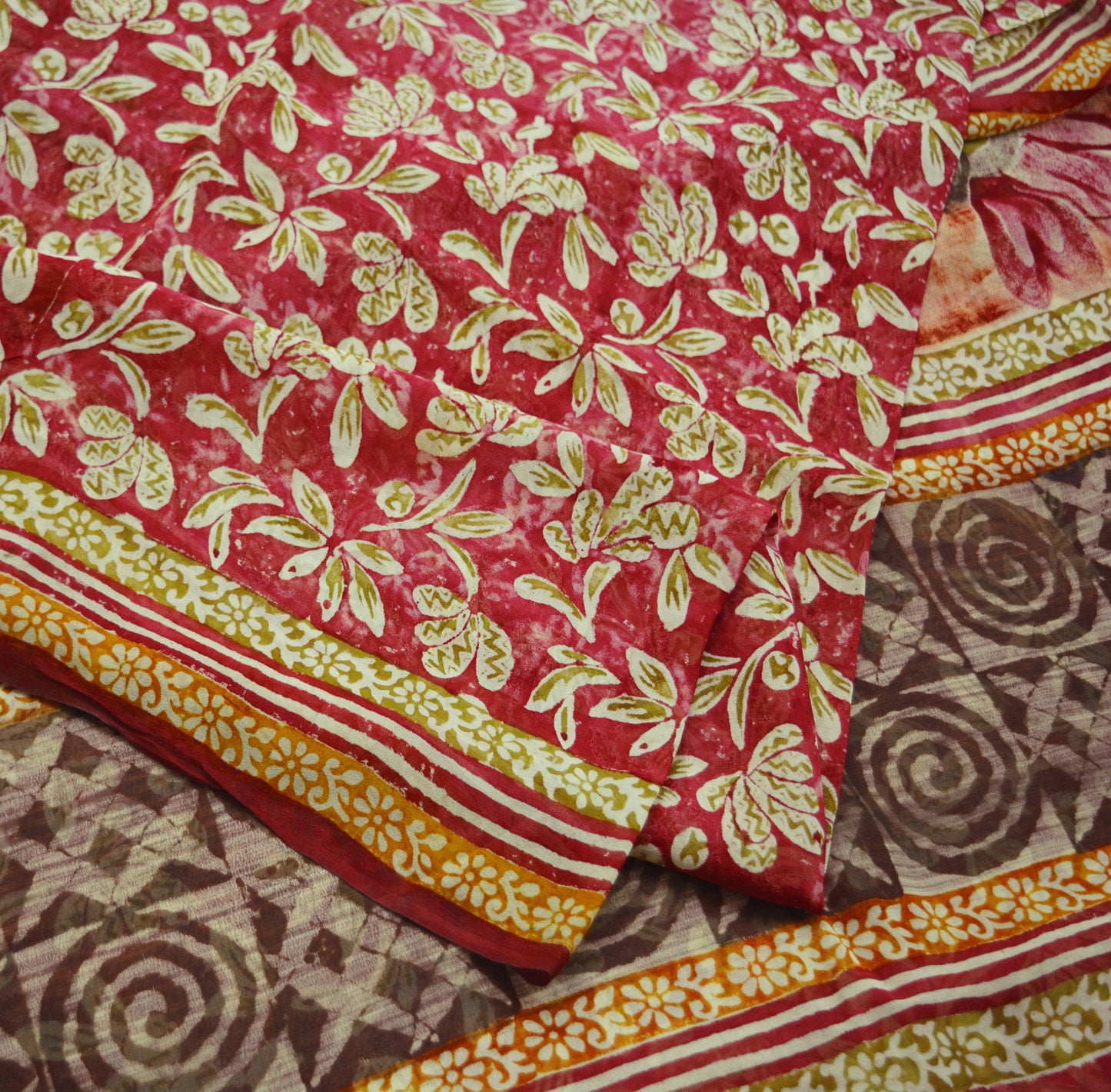 Women Vintage Sari Red 100% Pure Georgette Silk Block Printed Saree Craft Fabric Sewing 5Yard Soft Sari Dress Making