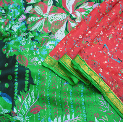 Indian Vintage Sari Red & Green Pure Silk Printed Saree Fabric 5yard Sewing Craft Fabric DressMaking Soft Wrap