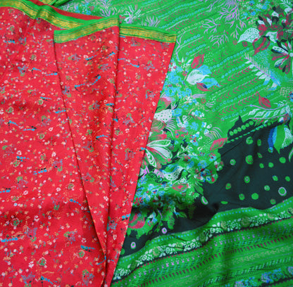 Indian Vintage Sari Red & Green Pure Silk Printed Saree Fabric 5yard Sewing Craft Fabric DressMaking Soft Wrap