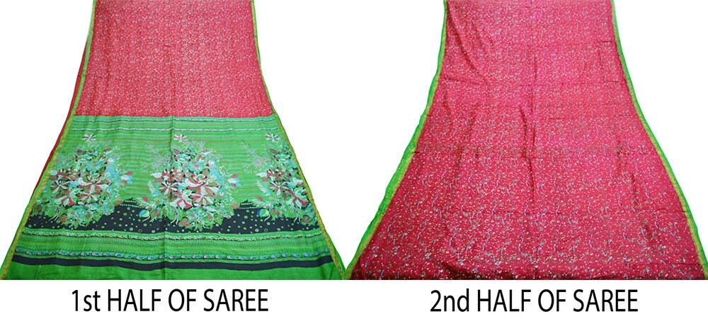 Indian Vintage Sari Red & Green Pure Silk Printed Saree Fabric 5yard Sewing Craft Fabric DressMaking Soft Wrap