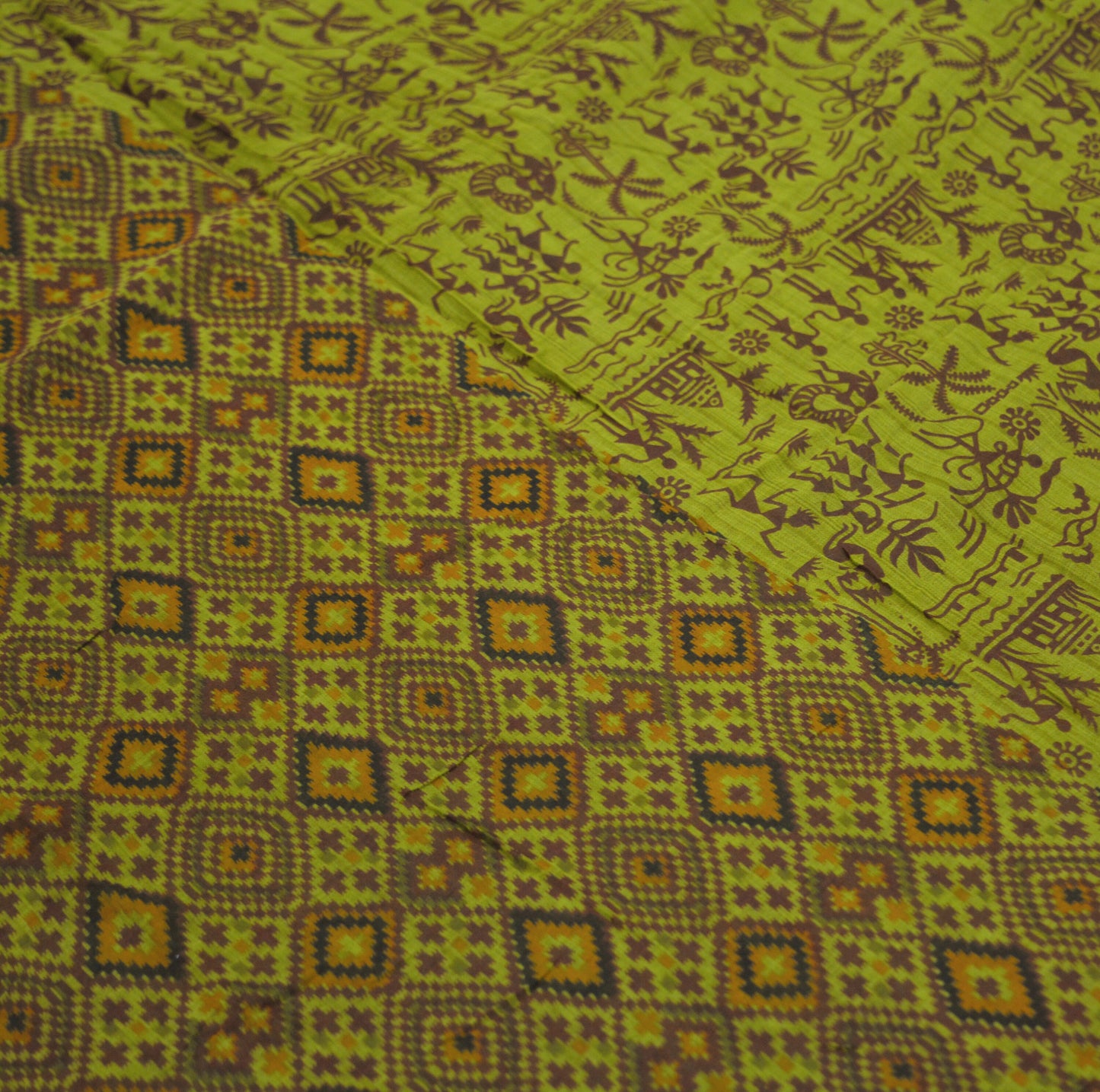 Indian Vintage Sari Green Warli Print Pure Cotton Saree Craft Soft Fabric 5Yard Sewing Sarong Wrap Boho Paisley