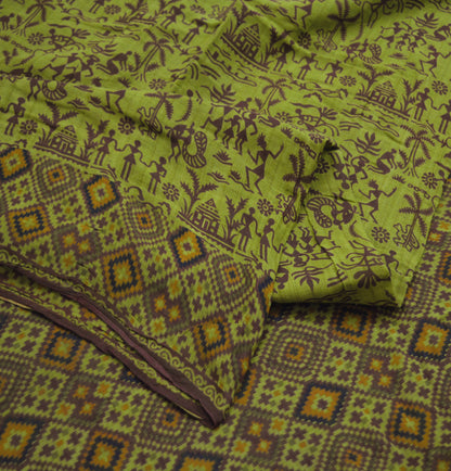 Indian Vintage Sari Green Warli Print Pure Cotton Saree Craft Soft Fabric 5Yard Sewing Sarong Wrap Boho Paisley