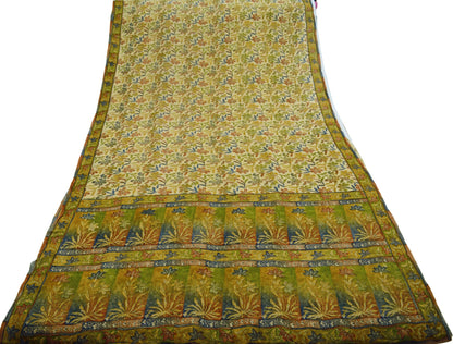 Women Vintage Sari Ivory 100% Pure Georgette Silk Block Printed Saree Craft Fabric Sewing 5Yard Soft Sari Dress Making