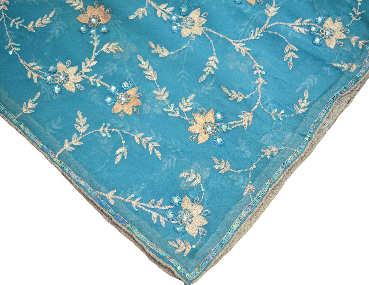 Indian Vintage Heavy Blue Dupatta Pure Georgette Silk Long Stole Hand Embroidered Scarf Zari