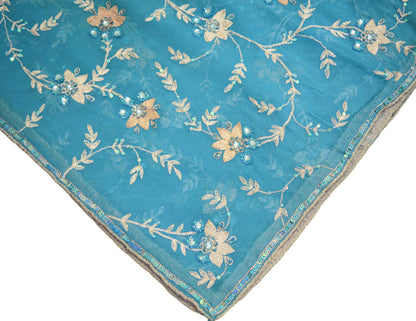 Indian Vintage Heavy Blue Dupatta Pure Georgette Silk Long Stole Hand Embroidered Scarf Zari