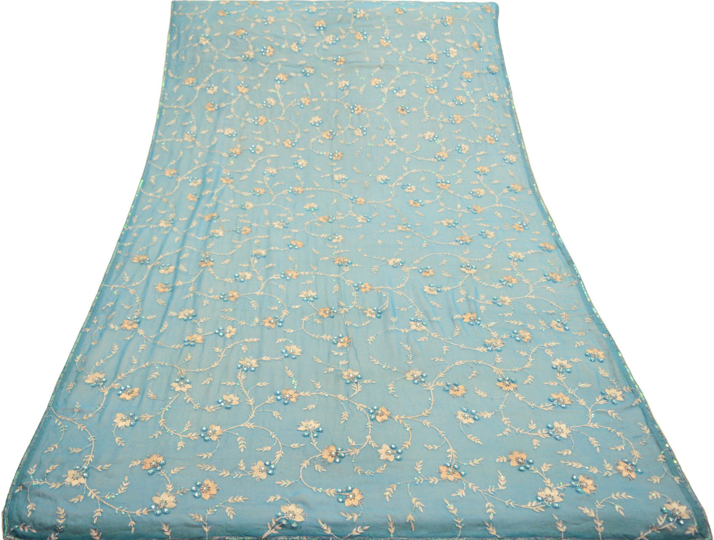 Indian Vintage Heavy Blue Dupatta Pure Georgette Silk Long Stole Hand Embroidered Scarf Zari