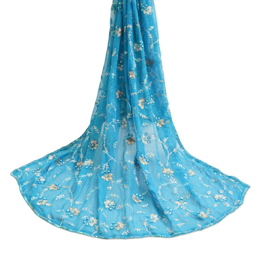 Indian Vintage Heavy Blue Dupatta Pure Georgette Silk Long Stole Hand Embroidered Scarf Zari