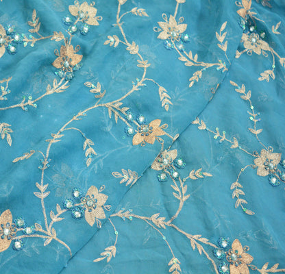 Indian Vintage Heavy Blue Dupatta Pure Georgette Silk Long Stole Hand Embroidered Scarf Zari