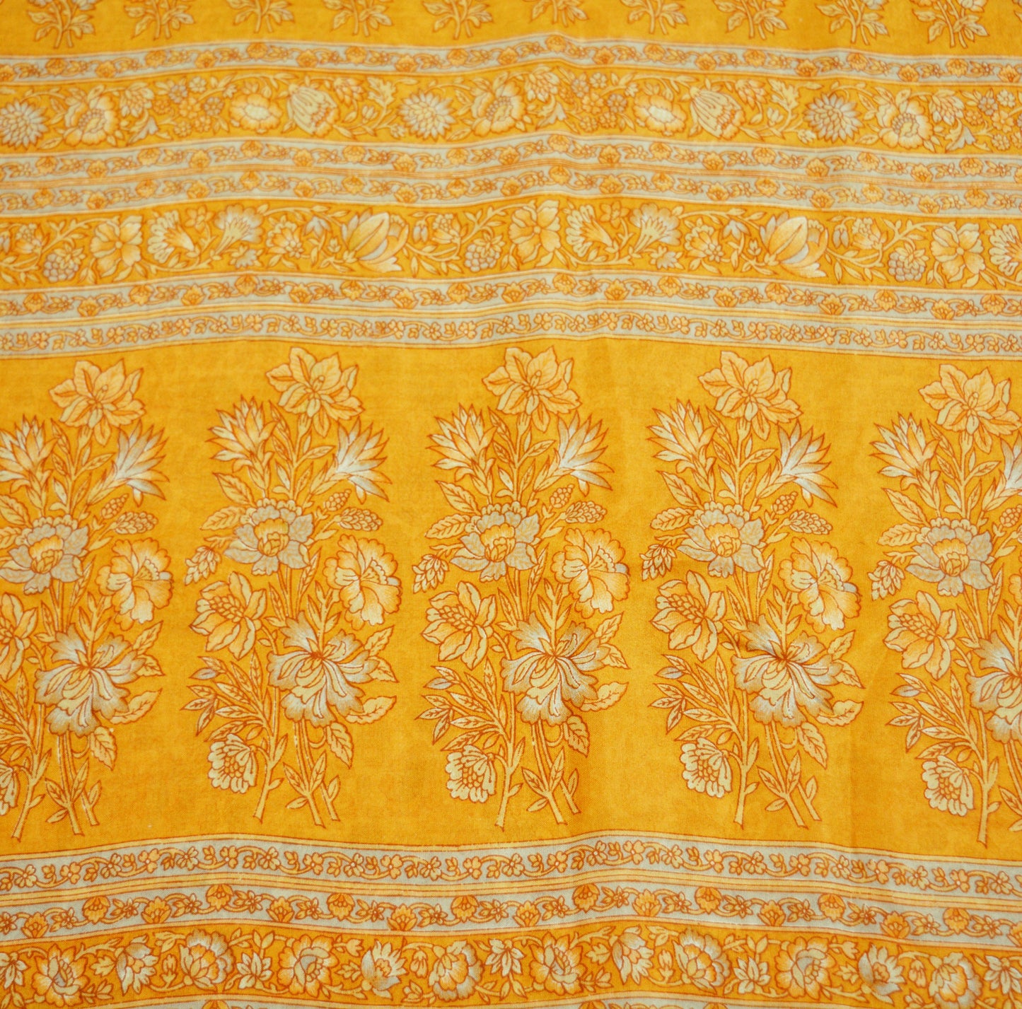 Indian Vintage Sari Ivory & Saffron Pure Silk Printed Saree Fabric 5yd Sewing Craft Fabric DressMaking Soft