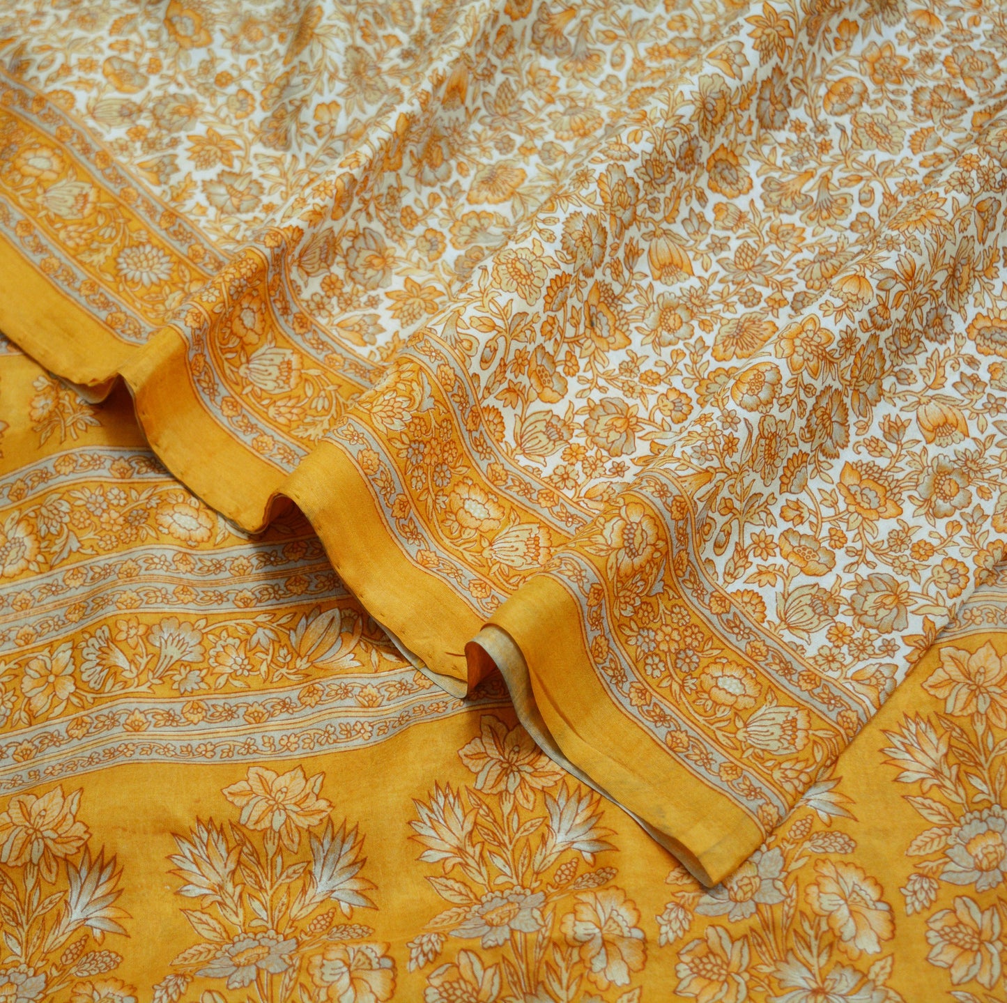 Indian Vintage Sari Ivory & Saffron Pure Silk Printed Saree Fabric 5yd Sewing Craft Fabric DressMaking Soft