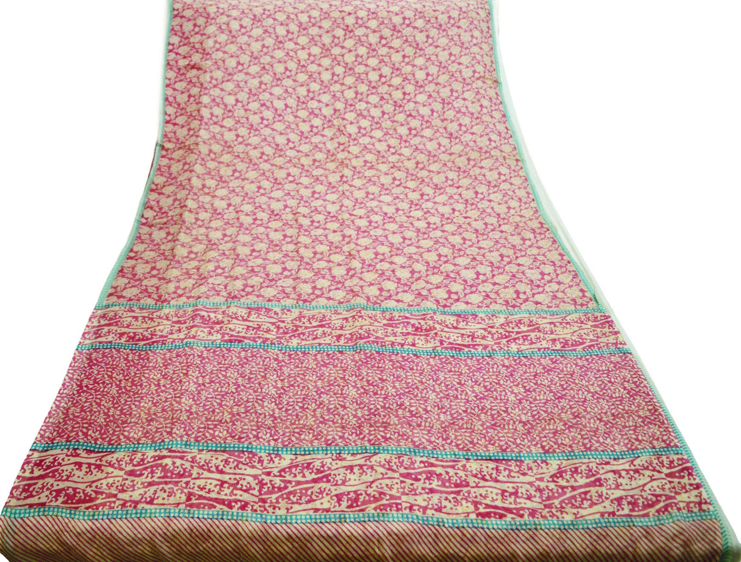 Indian Vintage Sari Ivory & Pink Pure Chiffon Silk Printed Saree Craft Fabric Sewing 5Yard Soft Light Sari Dress Making Floral