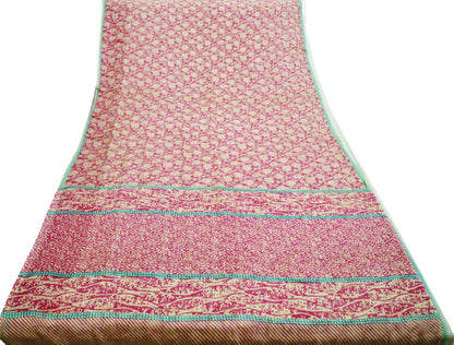 Indian Vintage Sari Ivory & Pink Pure Chiffon Silk Printed Saree Craft Fabric Sewing 5Yard Soft Light Sari Dress Making Floral