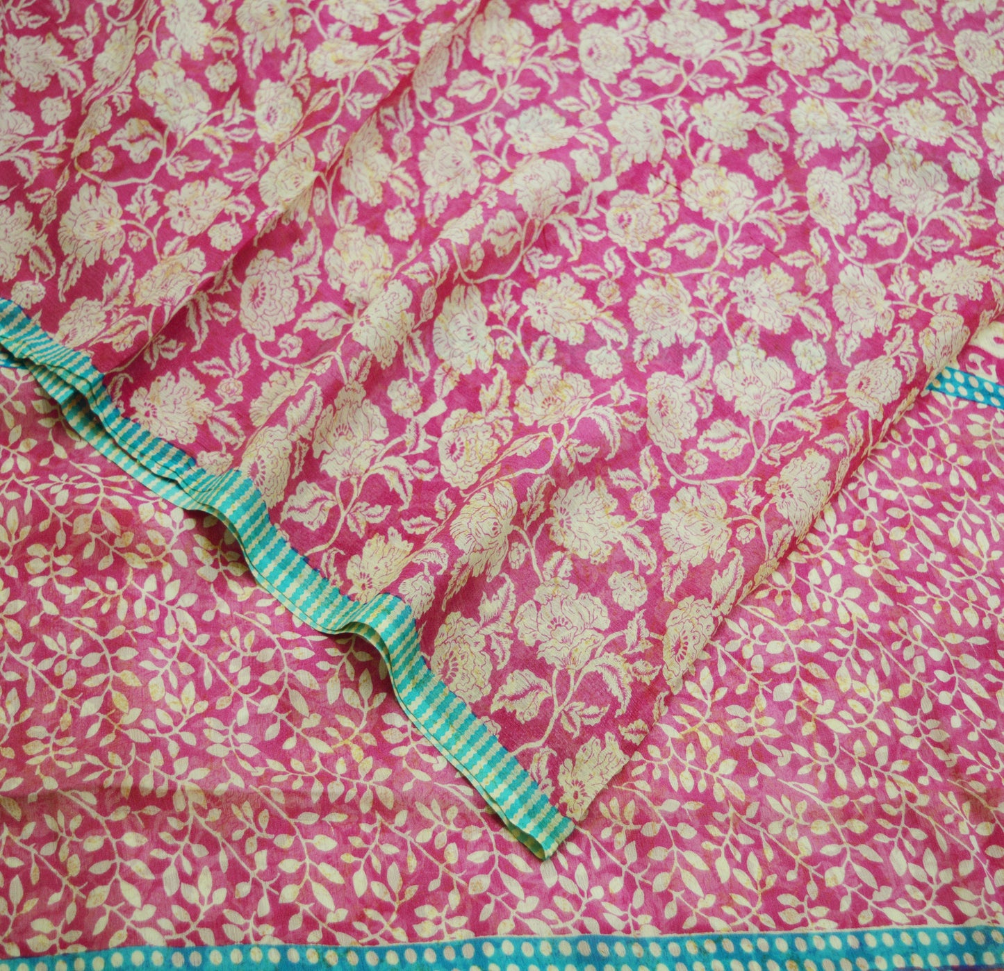 Indian Vintage Sari Ivory & Pink Pure Chiffon Silk Printed Saree Craft Fabric Sewing 5Yard Soft Light Sari Dress Making Floral