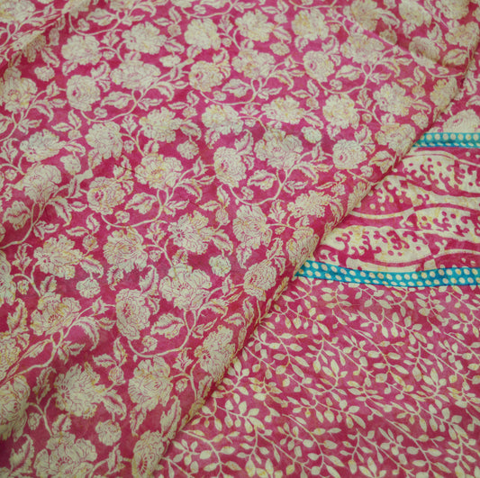 Indian Vintage Sari Ivory & Pink Pure Chiffon Silk Printed Saree Craft Fabric Sewing 5Yard Soft Light Sari Dress Making Floral