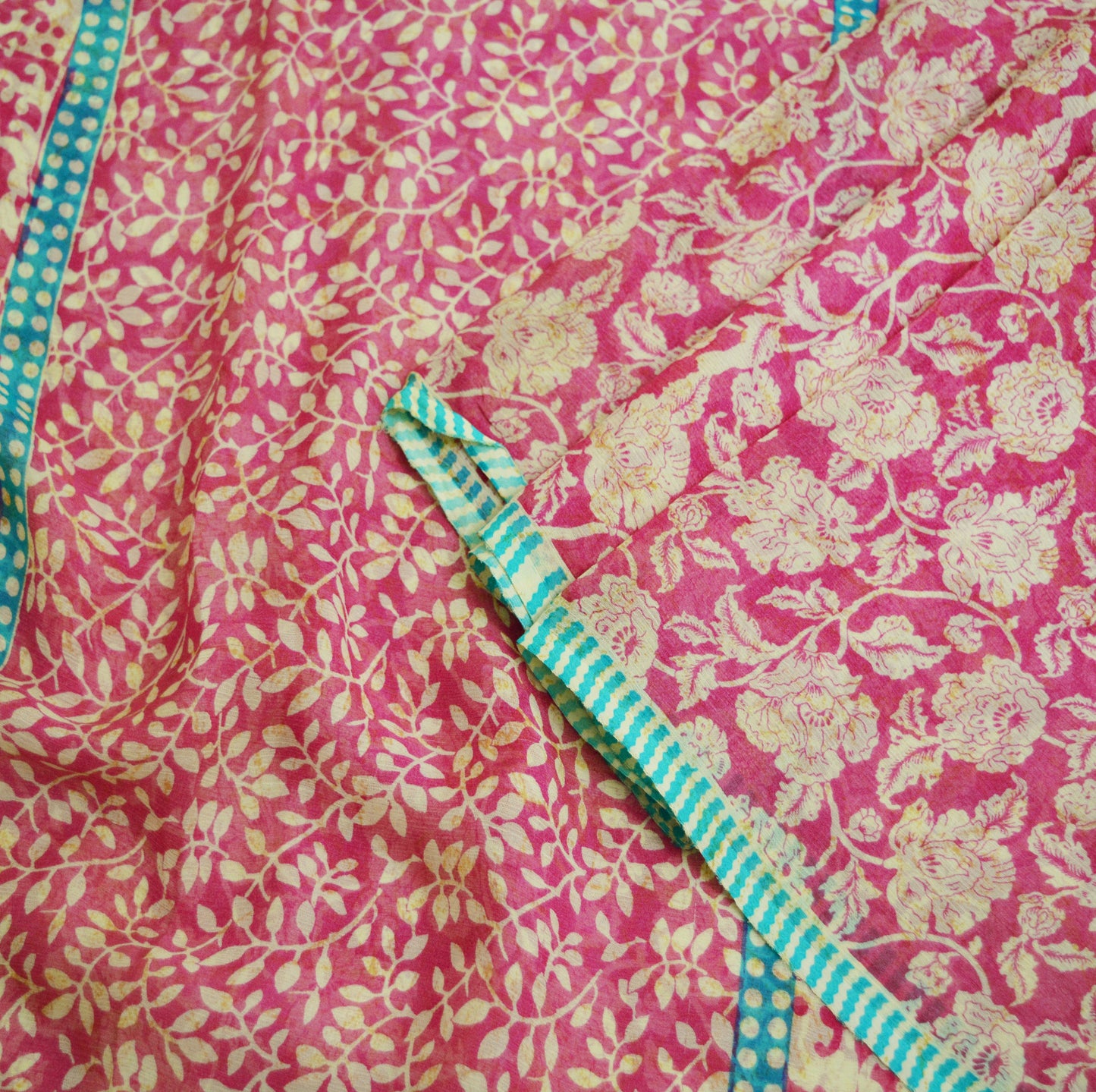 Indian Vintage Sari Ivory & Pink Pure Chiffon Silk Printed Saree Craft Fabric Sewing 5Yard Soft Light Sari Dress Making Floral