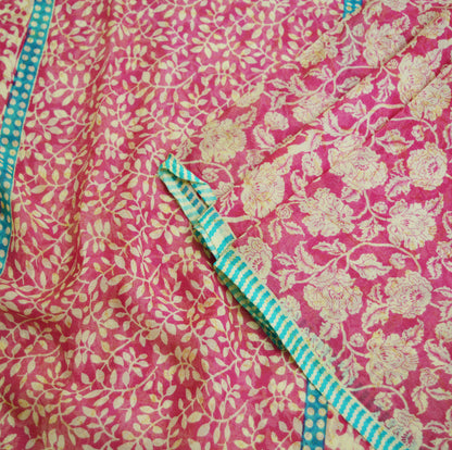Indian Vintage Sari Ivory & Pink Pure Chiffon Silk Printed Saree Craft Fabric Sewing 5Yard Soft Light Sari Dress Making Floral