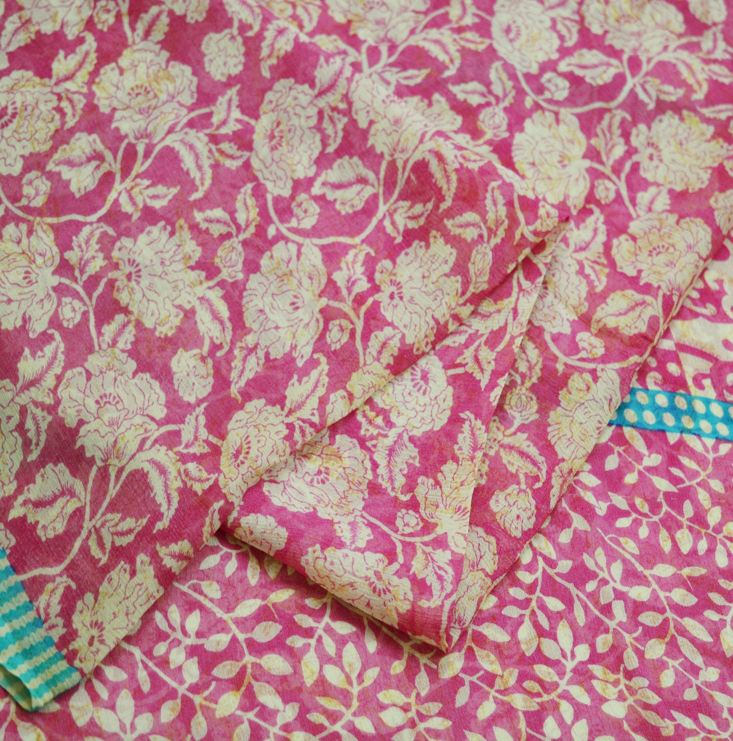 Indian Vintage Sari Ivory & Pink Pure Chiffon Silk Printed Saree Craft Fabric Sewing 5Yard Soft Light Sari Dress Making Floral