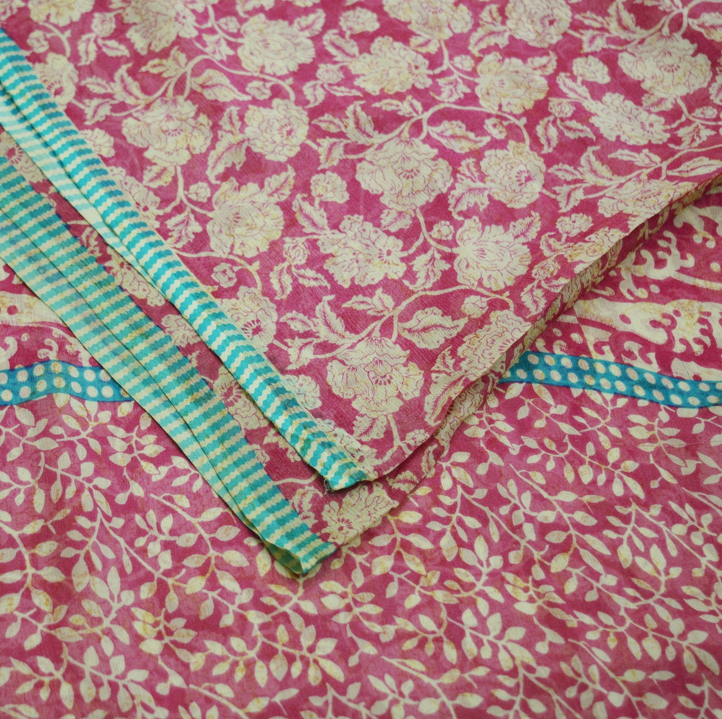 Indian Vintage Sari Ivory & Pink Pure Chiffon Silk Printed Saree Craft Fabric Sewing 5Yard Soft Light Sari Dress Making Floral