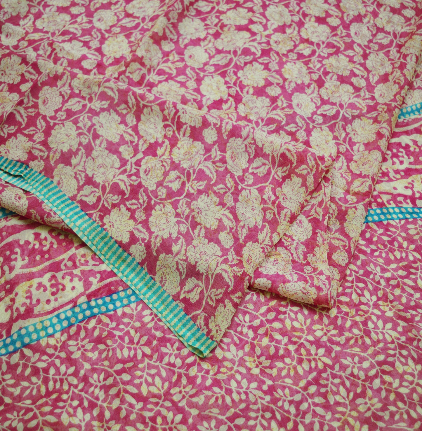 Indian Vintage Sari Ivory & Pink Pure Chiffon Silk Printed Saree Craft Fabric Sewing 5Yard Soft Light Sari Dress Making Floral