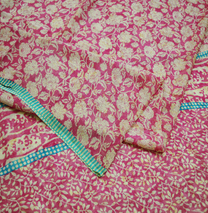 Indian Vintage Sari Ivory & Pink Pure Chiffon Silk Printed Saree Craft Fabric Sewing 5Yard Soft Light Sari Dress Making Floral