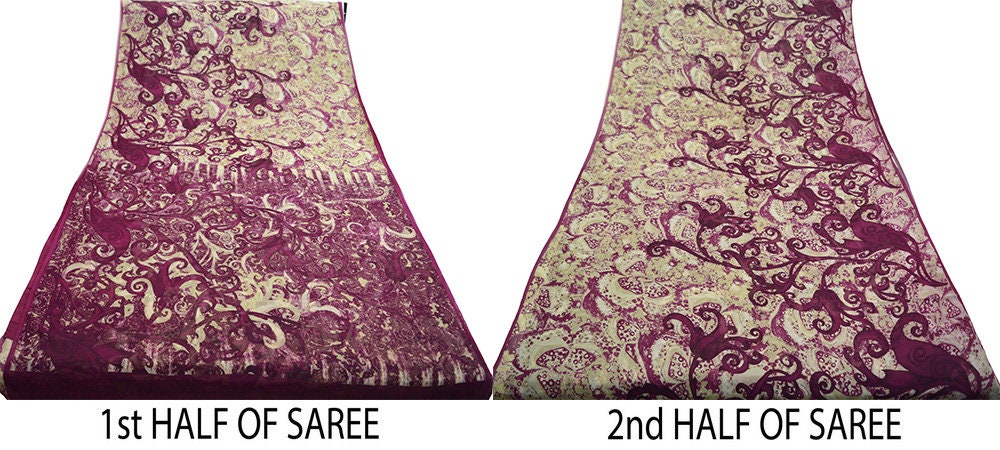 Indian Vintage Sari Purple & Beige Pure Georgette Silk Printed Sarees Craft Fabric Sewing 5Yard Soft Light Dress Making