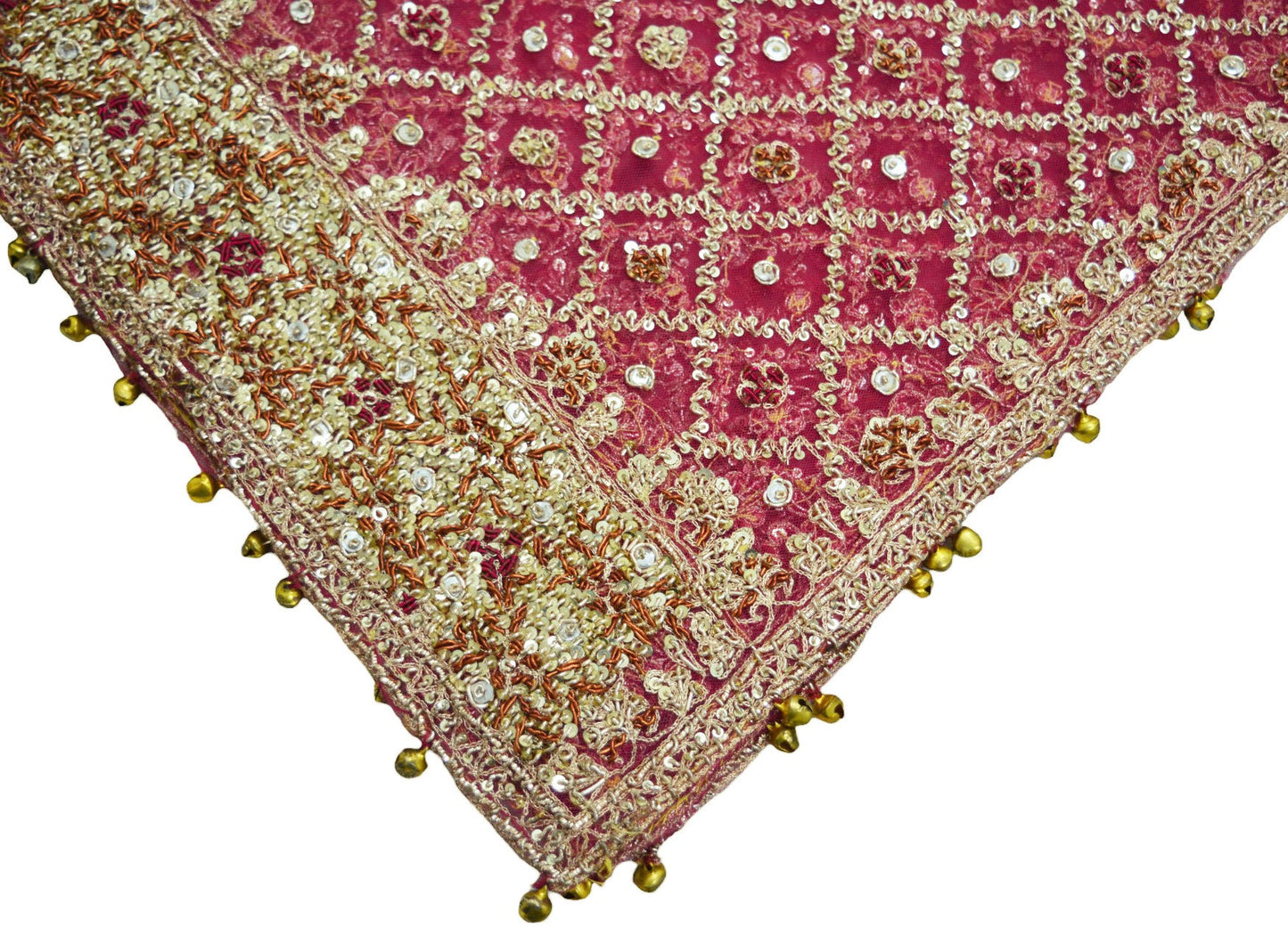 Indian Vintage Heavy Pink Dupatta Net Mesh Long Stole Hand Embroidered Scarves Golden Zardozi Dabka Zari Sequins