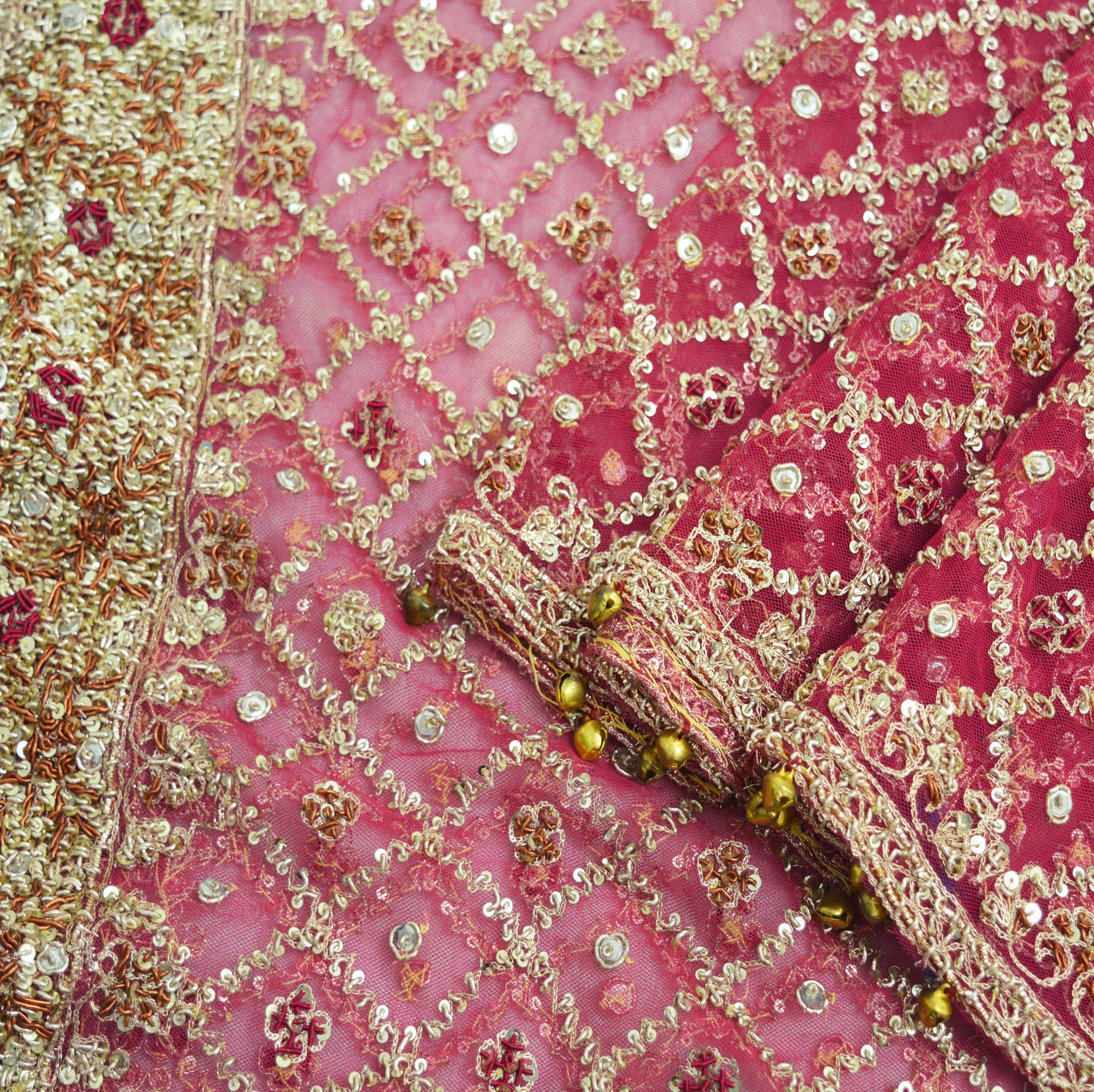 Indian Vintage Heavy Pink Dupatta Net Mesh Long Stole Hand Embroidered Scarves Golden Zardozi Dabka Zari Sequins