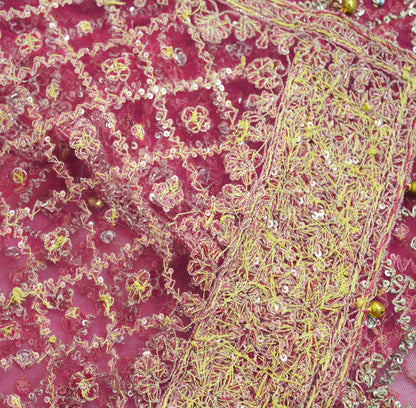 Indian Vintage Heavy Pink Dupatta Net Mesh Long Stole Hand Embroidered Scarves Golden Zardozi Dabka Zari Sequins