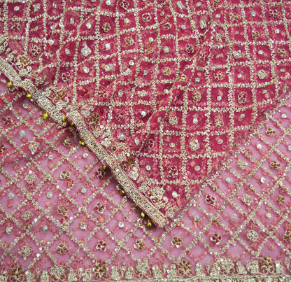 Indian Vintage Heavy Pink Dupatta Net Mesh Long Stole Hand Embroidered Scarves Golden Zardozi Dabka Zari Sequins