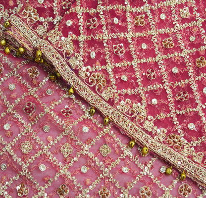 Indian Vintage Heavy Pink Dupatta Net Mesh Long Stole Hand Embroidered Scarves Golden Zardozi Dabka Zari Sequins