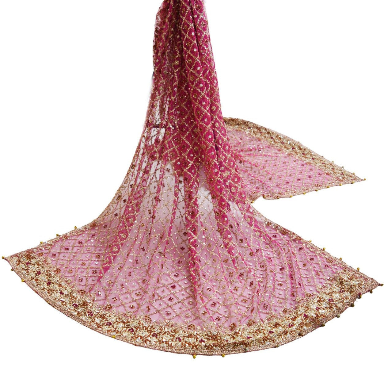 Indian Vintage Heavy Pink Dupatta Net Mesh Long Stole Hand Embroidered Scarves Golden Zardozi Dabka Zari Sequins