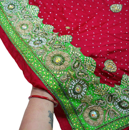 Indian Women Vintage Heavy Red Dupatta Pure silk Long Stole Hand Embroidered Hijab Scarves Veil Wrap Glass Beaded Green Patch