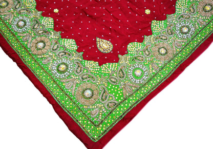 Indian Women Vintage Heavy Red Dupatta Pure silk Long Stole Hand Embroidered Hijab Scarves Veil Wrap Glass Beaded Green Patch