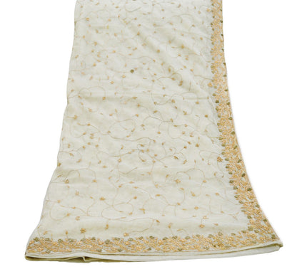 Indian Vintage Heavy Off-white Dupatta Net Mesh Long Stole Hand Embroidered Scarves Golden Zardozi Zari