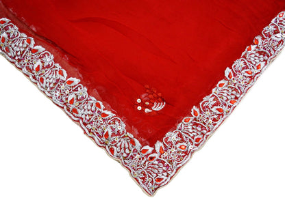 Indian Vintage Hot Red Dupatta Pure Georgette silk Long Stole Hand Embroidered Scarves Floral Design Stole Veil Wrap Zari