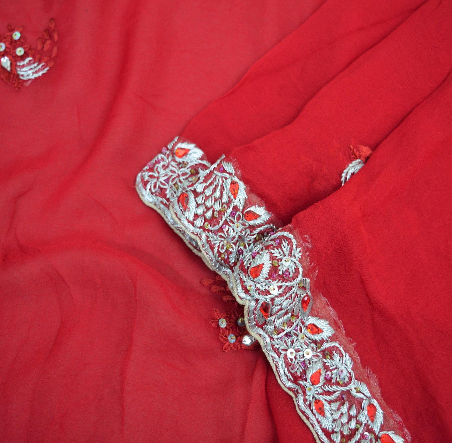 Indian Vintage Hot Red Dupatta Pure Georgette silk Long Stole Hand Embroidered Scarves Floral Design Stole Veil Wrap Zari