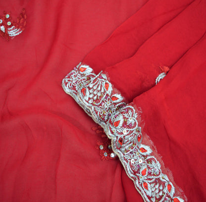 Indian Vintage Hot Red Dupatta Pure Georgette silk Long Stole Hand Embroidered Scarves Floral Design Stole Veil Wrap Zari