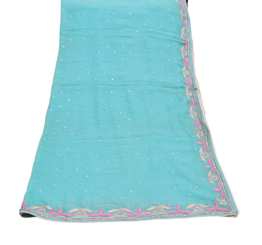 Indian Vintage Blue Dupatta Pure Georgette silk Long Stole Hand Embroidered Scarves Sequins Stole Zari