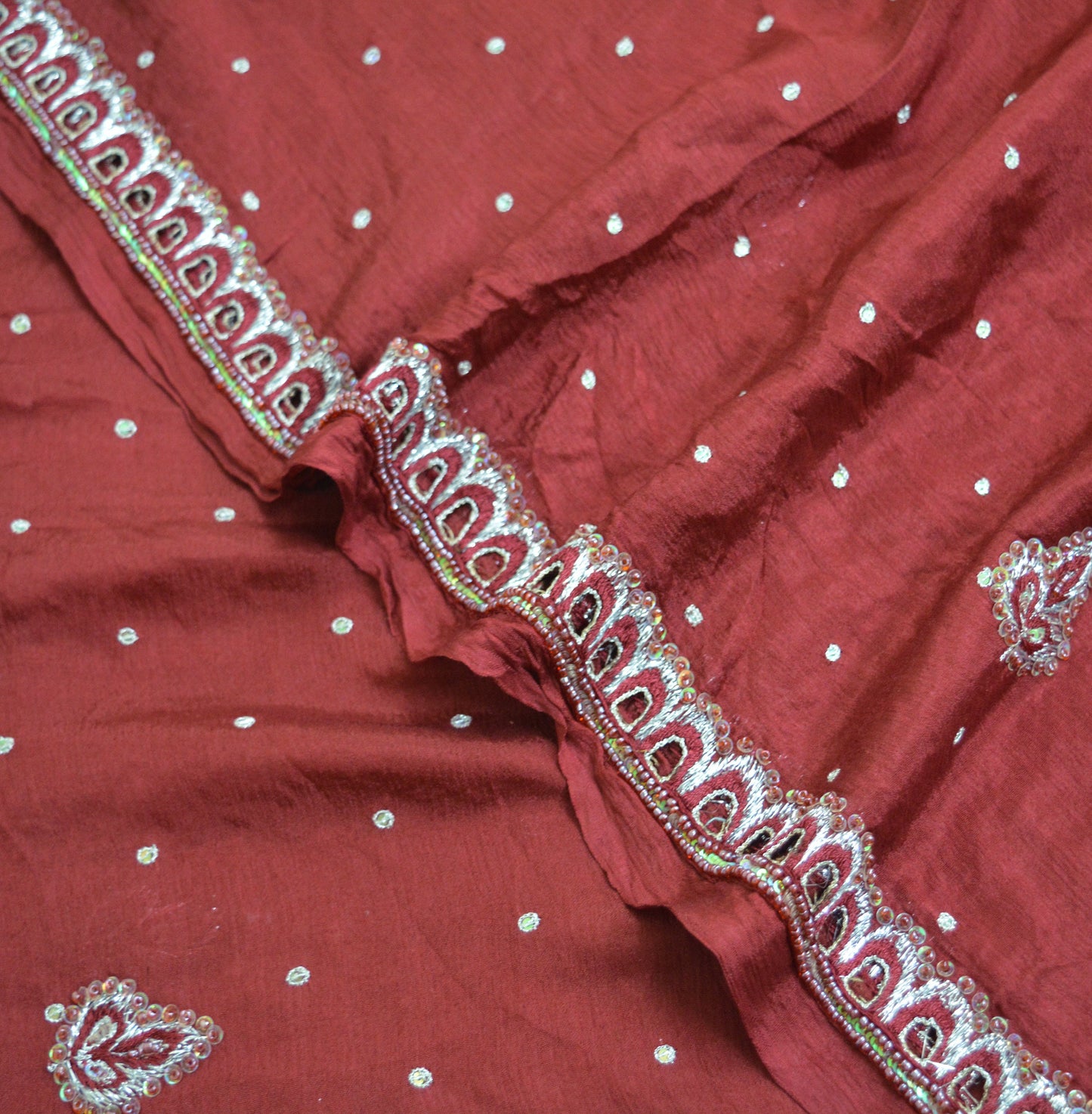 Indian Vintage Maroon Dupatta Pure silk Long Stole Hand Embroidered Scarves Sequins Stole Zari