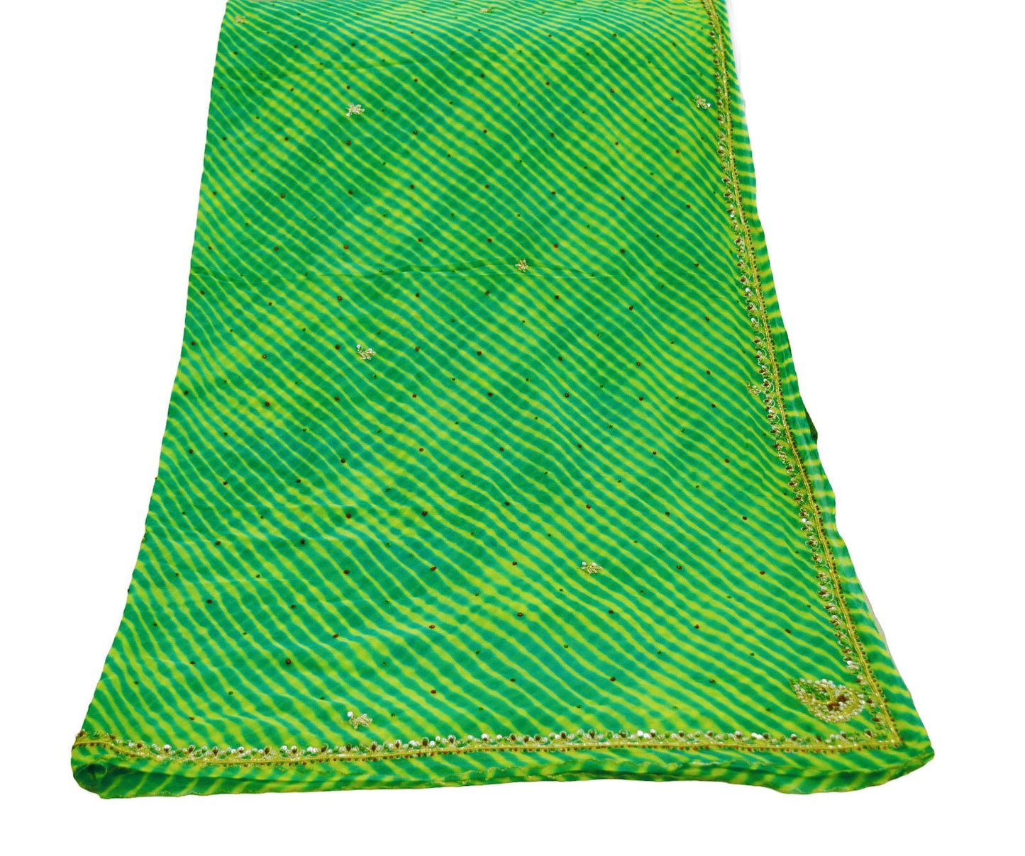 Indian Vintage Yellow & Green Dupatta Pure Georgette silk Long Stole Hand Beaded Leheria Scarves Stole Veil Wrap