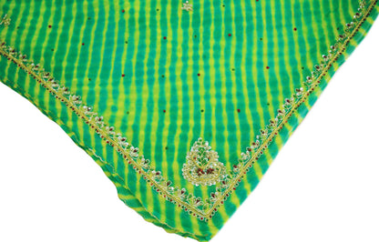 Indian Vintage Yellow & Green Dupatta Pure Georgette silk Long Stole Hand Beaded Leheria Scarves Stole Veil Wrap