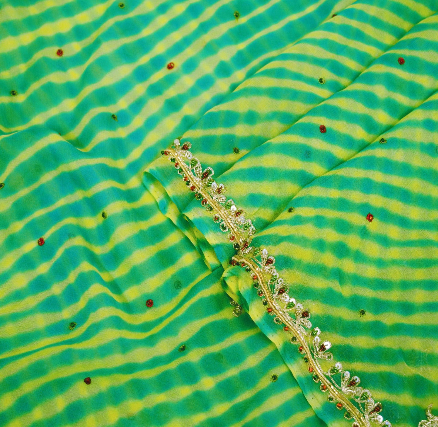 Indian Vintage Yellow & Green Dupatta Pure Georgette silk Long Stole Hand Beaded Leheria Scarves Stole Veil Wrap