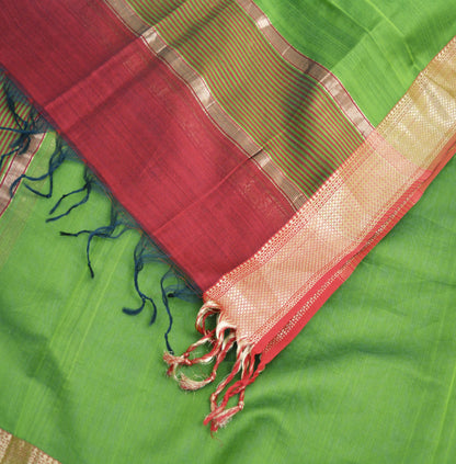 Indian Green Vintage Dupatta Long Stole Printed Woven Pure Chanderi Silk Indian Scarves Veil Golden Zari Soft Fringes