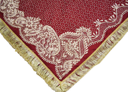 Indian Vintage Heavy Wedding Maroon Dupatta Pure Satin Silk Long Stole Hand Embroidered Scarves Golden Zardozi Stole Fringes